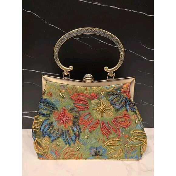 Unbranded Handbags - Embroidered Beaded Floral Evening Shoulder Bag - Green